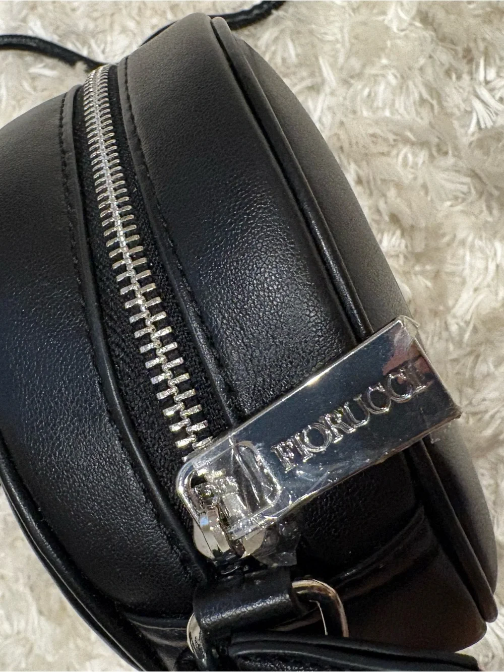 Fiorucci Black Round Crossbody Cherub Motif  Purse Crossbody Strap Leather